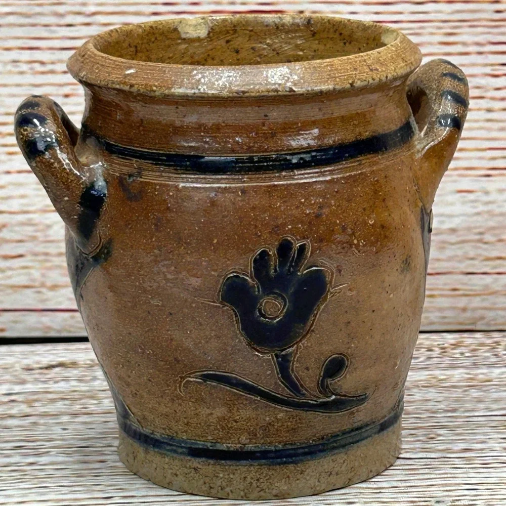 Handcrafted Salt‎ Glazed Stoneware Crock Cobalt Blue Floral Small 4.5 inch Jar